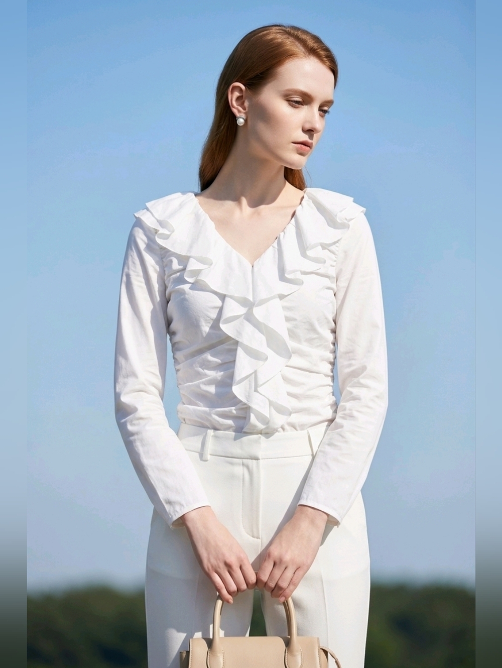 Anne Fontaine White Long Sleeve Blouse with Ruffles.